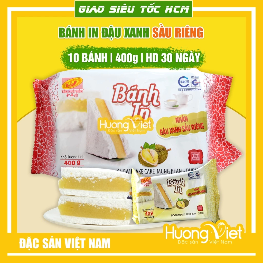 Bánh in đậu xanh sầu riêng Tân Huê Viên túi 10 bánh 400g, đặc sản bánh in Sóc Trăng nhân đậu xanh, sầu riêng
