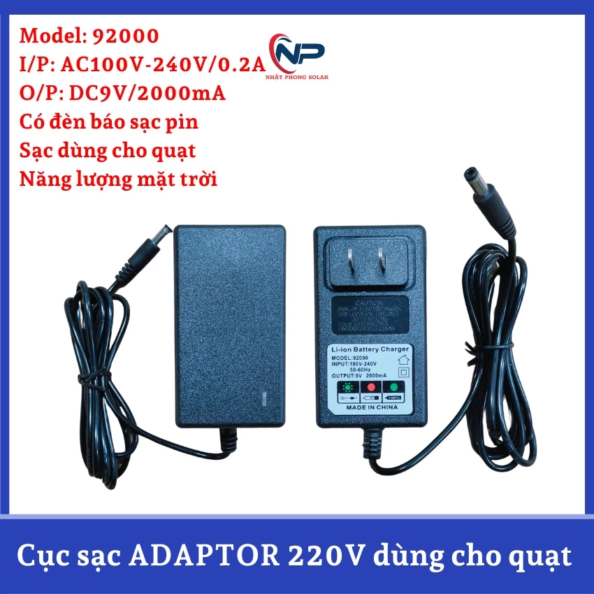 Bộ sạc,củ sạc  ADAPTOR HL-9200 cho quạt năng lượng mặt trời có đèn báo khi sạc pin phích cắm tròn có loại 9v và 13.5v