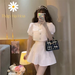 Set đồ nữ sang chảnh áo croptop tay bồng  phối váy chữ A xếp ly AS35