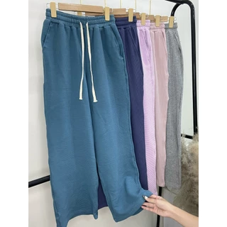 Quần Ống Rộng Culottes Nữ Vải Nỉ Thun Tăm Tổ Ong Dáng Dài Thể Thao Có Dây Rút Cạp Chun Quần Ống Suông