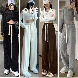 Quần nỉ ống rộng Ulzzang Unisex 5 màu, Quần culottes nữ ống suông chất nhung tăm dày dặn Okélla (Có ảnh Shop chụp)