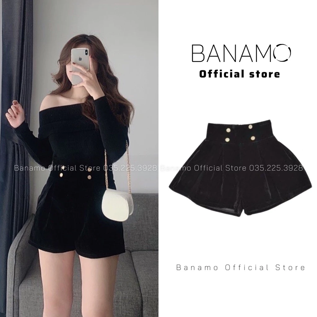 Quần short nhung Banamo Fashion short nhung phối cúc cạp cao 652