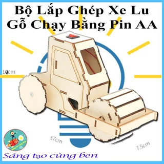 Đồ Chơi Stem - Bộ lắp ghép Xe Lu bằng gỗ chạy Pin AA theo phương pháp giáo dục Stem, Steam