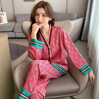HOT !!! Bộ Ngủ Mặc Nhà Pijama Lụa  Dài Tay, Nữ Tính Phong Cách Hàn Quốc (HÀNG QUẢNG CHÂU) ( BÁN GIÁ GỐC )