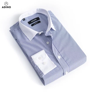 Áo sơ mi nam kẻ sọc màu xanh biển phối trắng ADINO vải polyester cao cấp mềm mịn mát dáng slimfit hơi ôm trẻ trung SM11