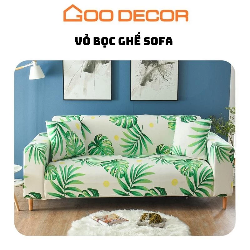 Bọc sofa họa tiết lá dừa, bọc ghế sofa đơn, chữ L vải thun sữa co giãn - GOO Decor