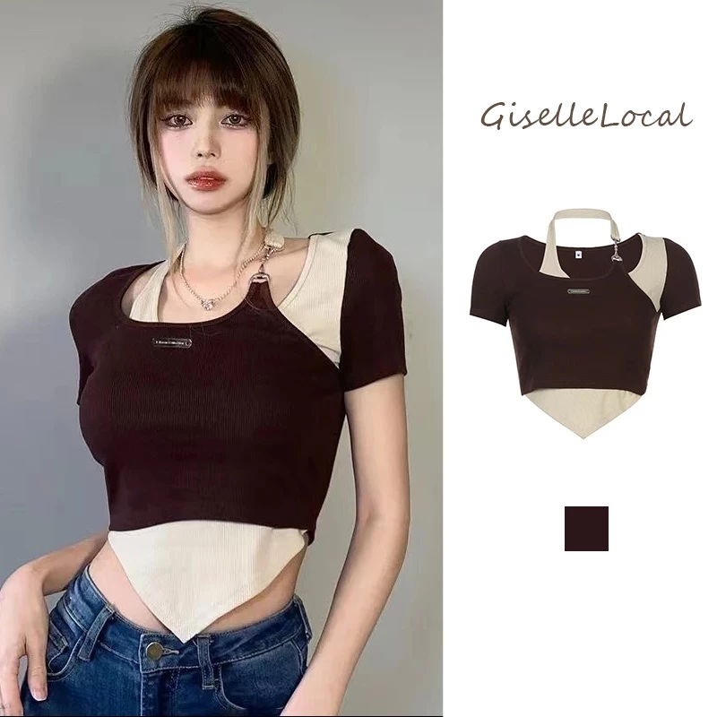 Áo croptop nữ 2 dây kiểu thời trang với thiết kế không đều với dây chuyền