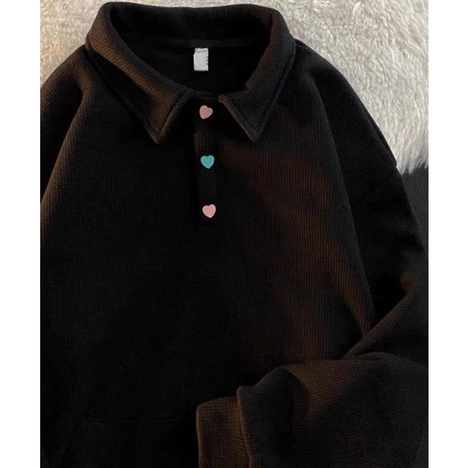 Áo polo dài tay cúc tim Unisex - Sweater form rộng phồng kiểu dáng basic cute hàn quốc ulzzang