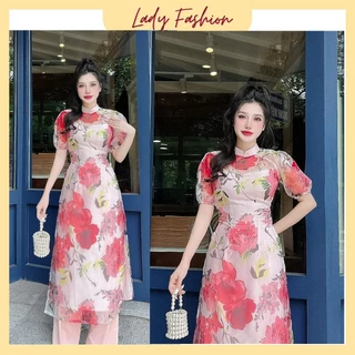 Áo dài cách tân tay phồng in hoa 4 tà cao cấp AD32 - Lady fashion