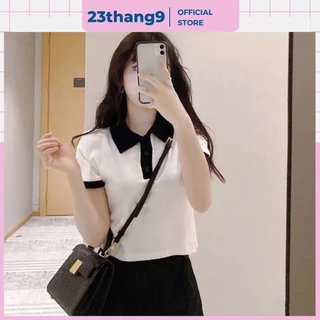 Áo polo croptop , áo croptop cổ bẻ tay ngắn phối màu trắng đen chất cotton dày dặn co giãn 4 chiều 23thang9