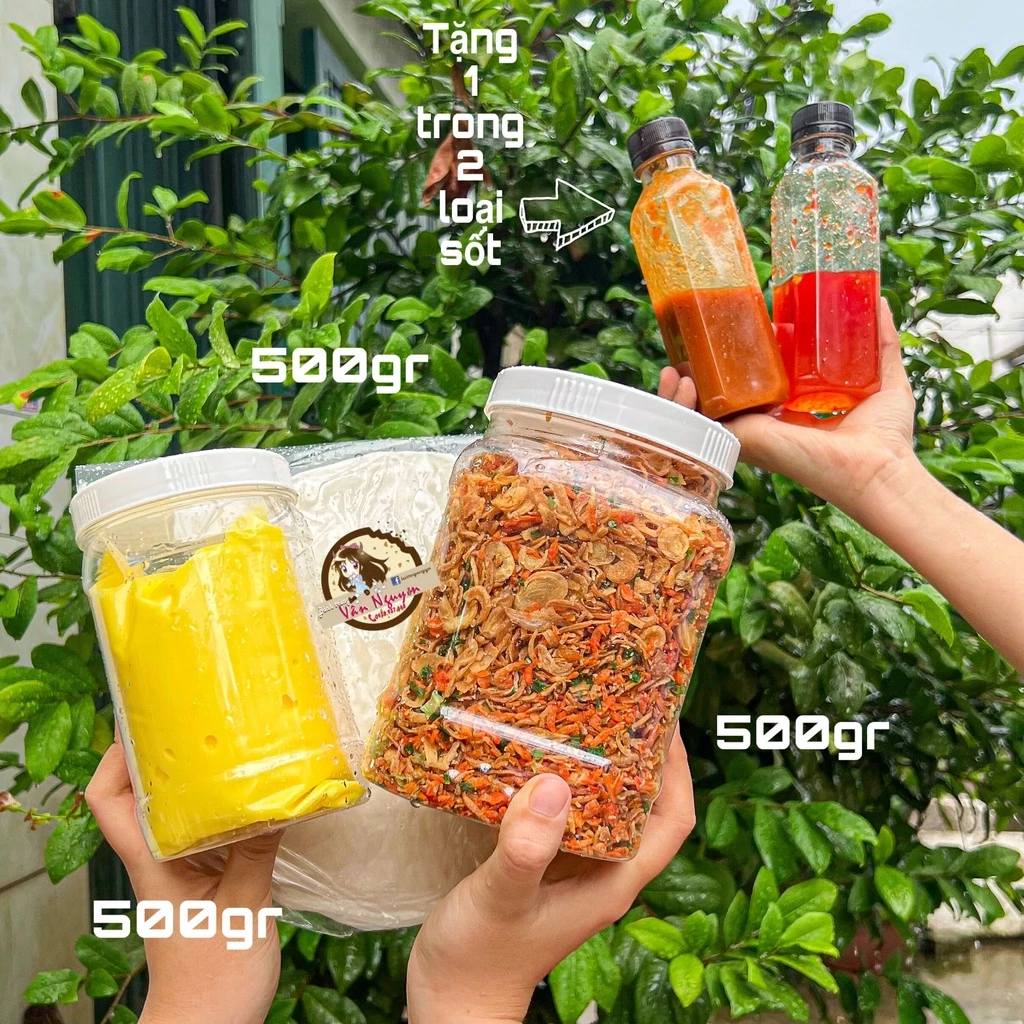 Combo SIZE ĐẠI 2 LOẠI SỐT bánh tráng phơi sương 500gr, muối tép hành phi 500gr, bơ 500gr, 1 sốt tắc, 1 sốt mỹ vị