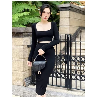 Set croptop áo cổ vuông chân váy midi hàng xuất dư Quảng Châu cao cấp