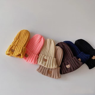 Mũ Beanie Dệt Kim Màu Trơn Chống Gió Thêu Hình Gấu Hoạt Hình Giữ Ấm Mùa Thu Đông Cho Bé Trai Và Gái