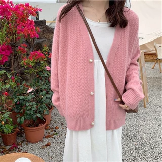 Áo Khoác Len Cardigan Cổ V Cài Khuy Ngọc Áo Gân Xương Cá Tay Dài Nhẹ Nhàng Nữ Tính | Vui Vẻ Shop