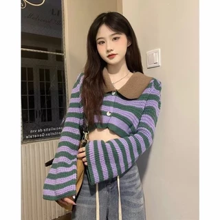 Áo len dệt kim croptop sọc có cổ Áo len cardigan thiết kế mùa thu