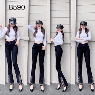 Quần jeans Nữ Ống Loe Dài Màu Đen Đính Đá Co Giãn Cao Cấp