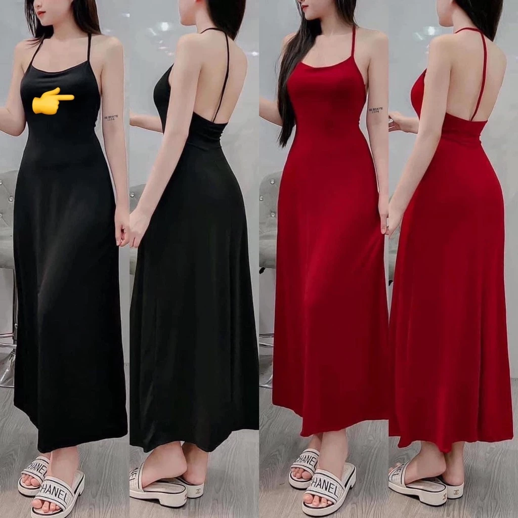 đầm 2 dây thun gân dáng dài xòe hở lưng 1 dây đứng cực hot , chất thun gân mềm mát