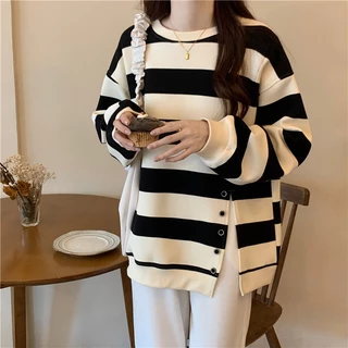 Áo sweater SUXI tay dài cổ tròn dáng rộng họa tiết kẻ sọc thời trang xuân thu cho nữ