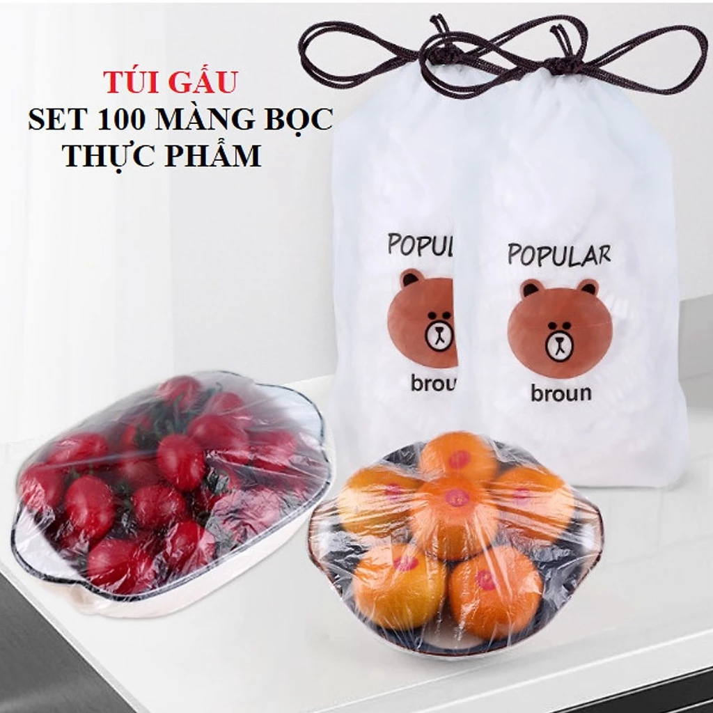 Màng Bọc Thực Phẩm Co Giãn PE Set 100 Túi Bọc Thực Phẩm Có Chun Bọc Đồ Ăn Sạch Sẽ Tái Sử Dụng Tiện Lợi (TÚI GẤU)