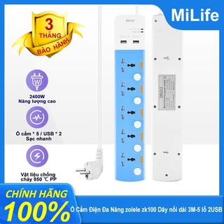 Ổ cắm điện đa năng Xiaomi Zolele ZK100 chiều dài dây 3M, chống sét bảo vệ quá tải 2400W có công tắc độc lập