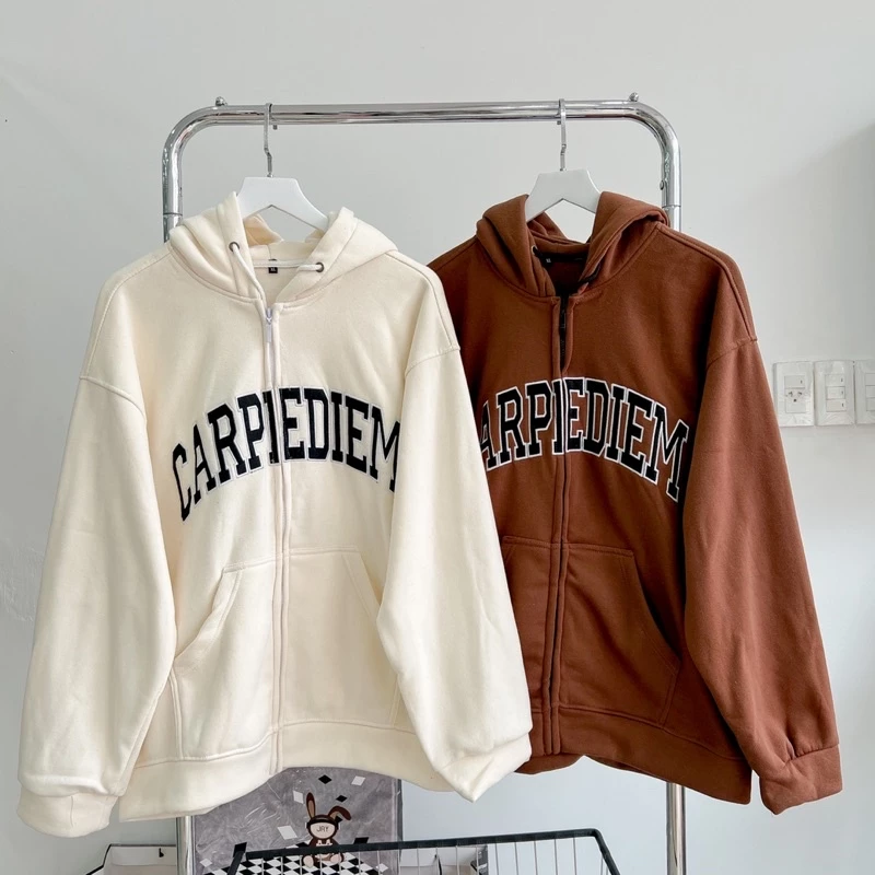 Áo Khoác Hoodie Unisex Zip Nỉ Bông CARPI 🔰 màu KEM/NÂU 🏁 Nam nữ unisex/Áo hoodie dây kéo nữ có mũ form rộng Jaystoree 🖤