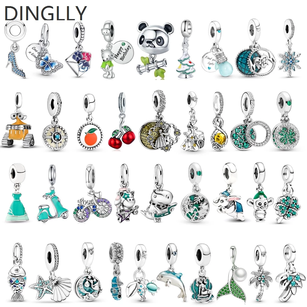 Dinglly blue-green rhinestone beads silver color princess panda charm animal mặt dây chuyền phù hợp với phụ kiện trang sức diy