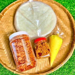 [Combo Bánh tráng khô gà LỚN]Gồm 300g bánh tráng phơi sương+200g muối ruốc hành phi+ 100g khô gà+ 200g bơ