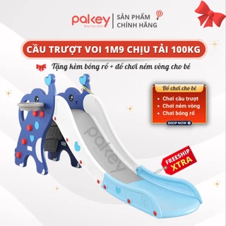 Cầu trượt voi Pakey, cầu trượt cho bé TẶNG KÈM BÓNG RỔ + NÉM VÒNG, nâng cấp bậc khép kín an toàn