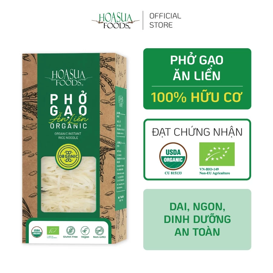 Phở gạo ăn liền hữu cơ HOA SUA FOODS 360g - dai, ngon, an toàn, 100% organic