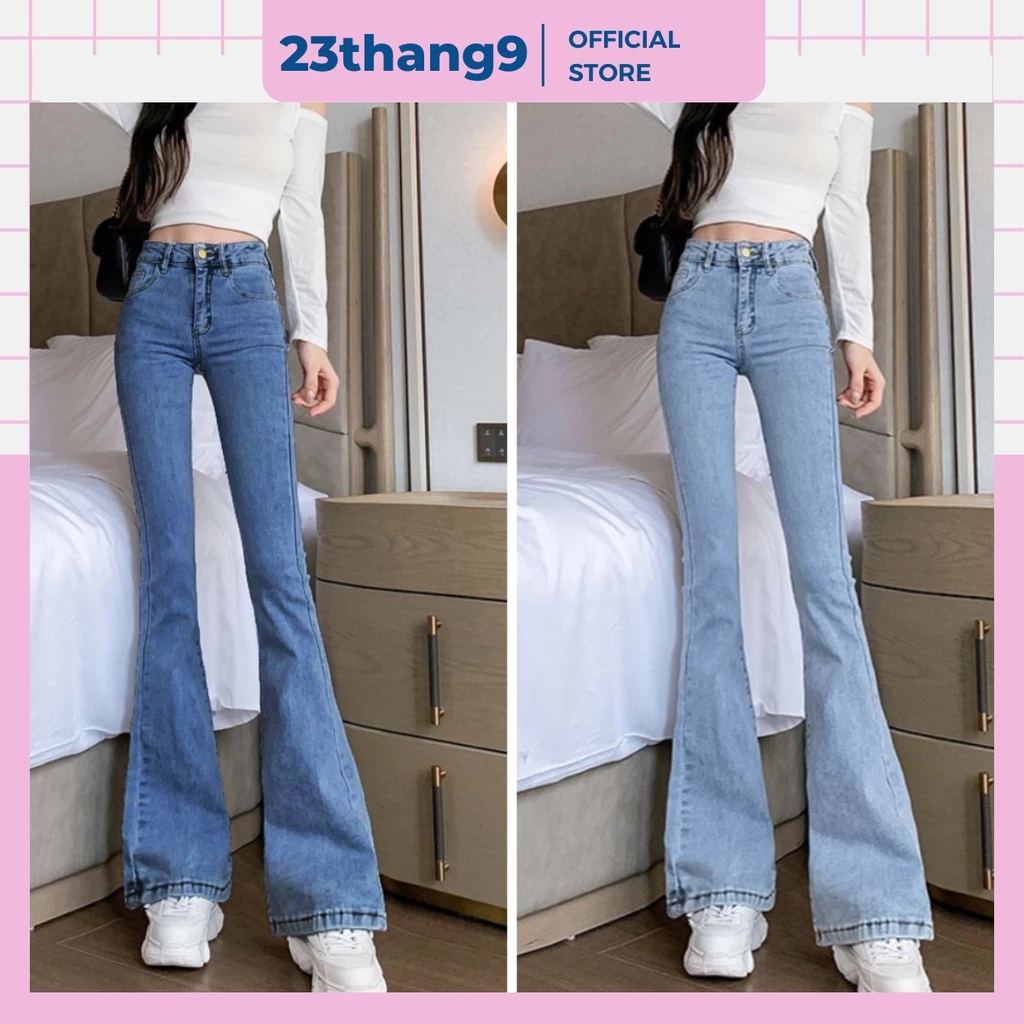 Quần jean ống loe , quần bò ống loe màu xanh cạp cao vải bò Quảng Châu mịn co giãn không phai màu đi chơi 532
