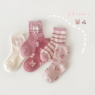 Set 5 Đôi Tất Cotton Cổ Cao Phối Hoạ Tiết Thỏ Hồng Cho Bé Gái