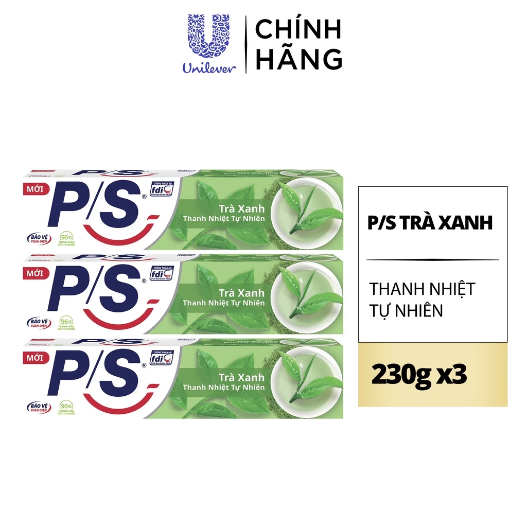 Bộ 3 Hộp Kem đánh răng P/S Thiên nhiên Trà Xanh giúp thanh nhiệt tự nhiên 230g