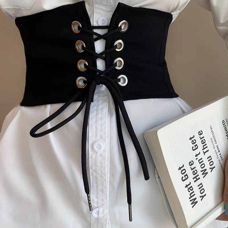 Thắt lưng bản to kiểu corset ĐV034 màu đen đan dây thu nhỏ eo- đai váy áo sơ mi làm thon eo cá tính.
