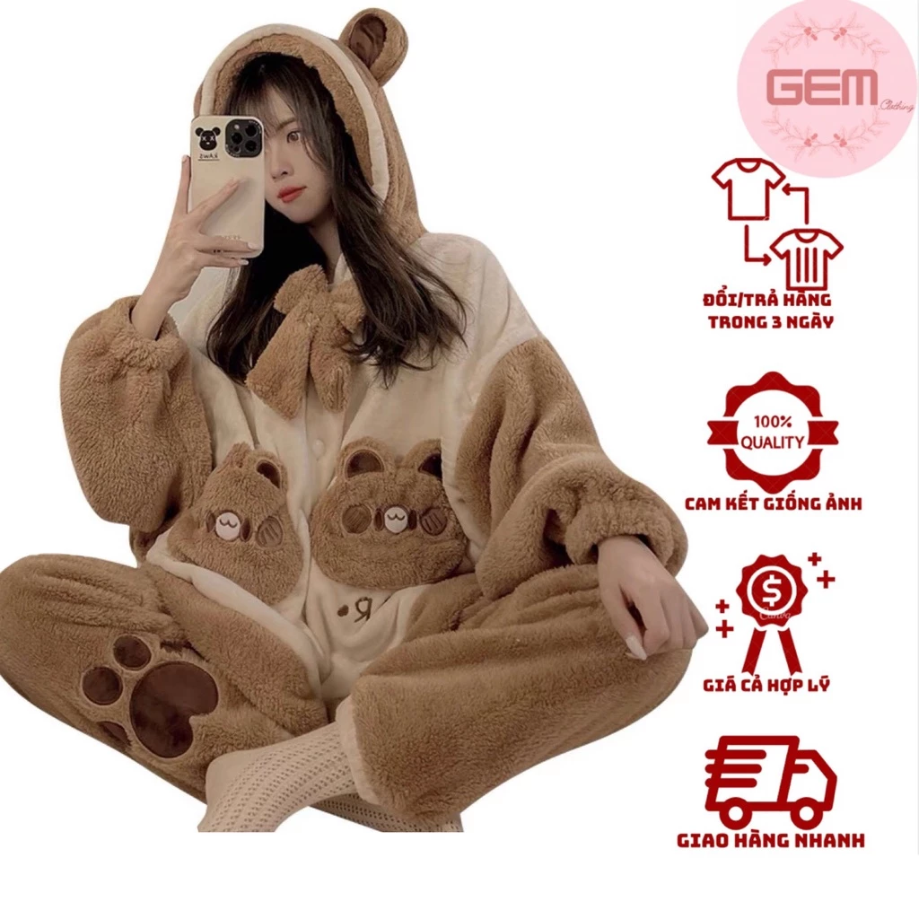 Set đồ ngủ nữ mặc nhà form rộng chất lông cừu thêu GẤU NÂU TẶNG KÈM NƠ, set bộ ngủ cute tay bồng ulzzang Hàn Quốc
