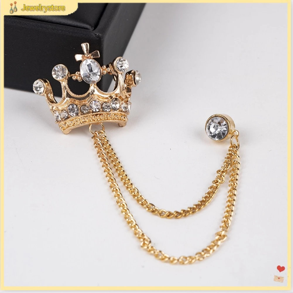 (jewelrystore) Ghim cài áo hình vương miện phối dây xích thời trang cho nam nữ