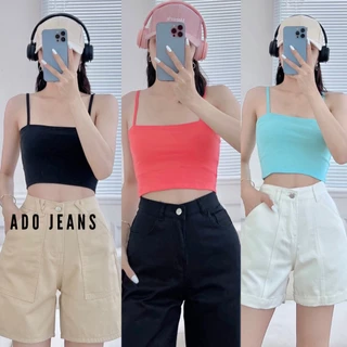 Áo thun croptop hai dây ADO JEANS vải cotton co giãn 4 chiều xinh xắn