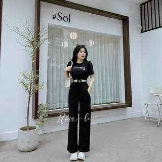 sét bộ áo Croptop buộc dây kèm quần ống suông chất cotton cao cấp