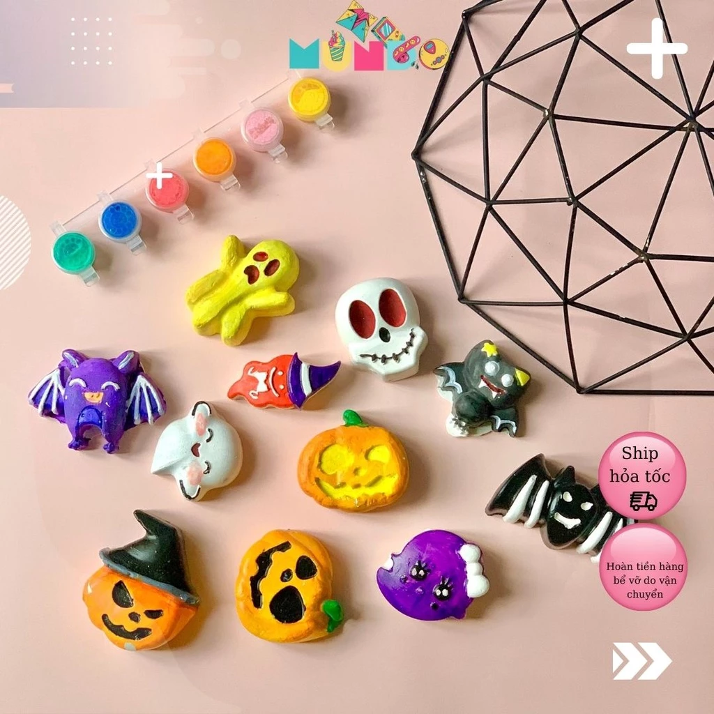 Combo 11 tượng tô màu SIZE S 03 HALLOWEEN phong cách bánh kẹo, tượng thạch cao MUNDO