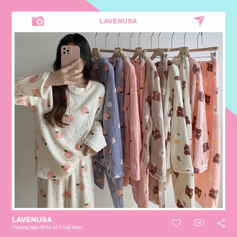 Bộ mặc nhà đồ ngủ nữ pijama dài tay dễ thương chất nỉ bông siêu ấm LAVENUSA QA29