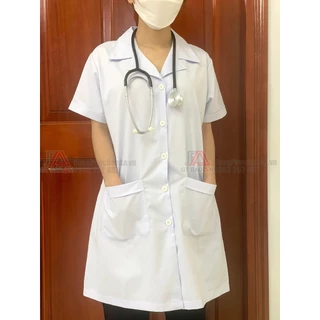 Áo Blouse NỮ Trắng Dáng Ngắn Tay Ngắn Vải Kaki Dày Dặn Đứng Form Cho Dược Sĩ, Nhà Thuốc, Điều Dưỡng, Phòng Khám