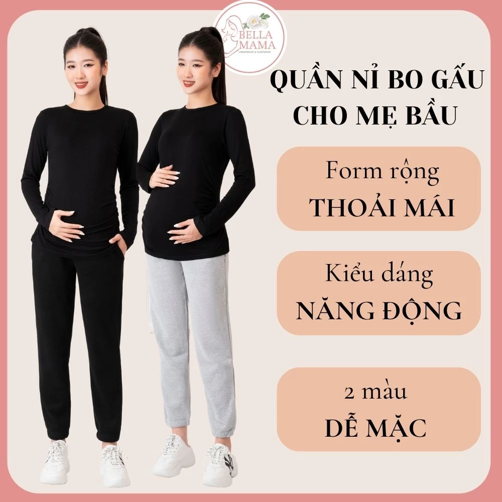 Quần Baggy Bầu Nỉ Nhung Sợi Len Quần Bầu Chun Chỉnh Bụng Thể Thao Mặc Nhà Đi Chơi Gấu Bo Chun Bella Mama Q25