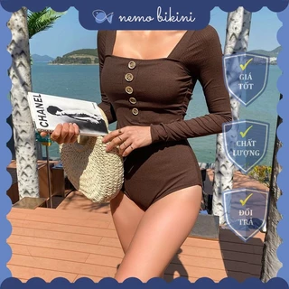 Bikini đi biển, đồ bơi nữ dài tay 1 mảnh liền thân khoét eo tôn dáng phối cúc Nemo Bikini - B19