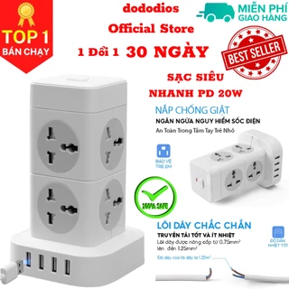 Ổ cắm điện đa năng dododios có sạc nhanh PD 20W cổng USB + typeC, 4-6 lỗ cắm tải 2500W an toàn chống giật, chịu nhiệt