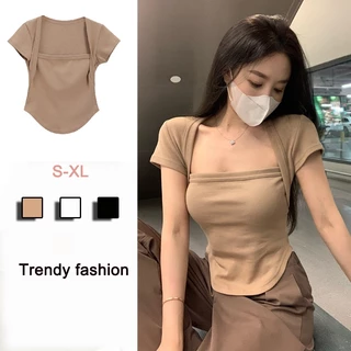 Áo Thun cotton Tay Ngắn Cổ Vuông Màu Sắc Đơn Giản Trẻ Trung Dành Cho Nữ