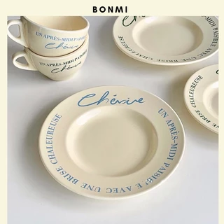 Set bát đĩa Cherie màu kem in chữ cao cấp phong cách Hàn Quốc Bonmi Decor