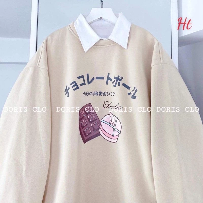 áo sweater nỉ bông in hình bánh chữ nhật - không kèm cổ sơ mi trắng