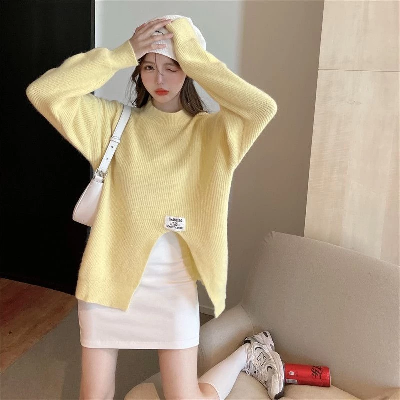 Áo Sweater Cổ Tròn Tay Dài Dáng Rộng Xẻ Tà Màu Sắc Ngọt Ngào Thời Trang Thu Đông Cho Nữ