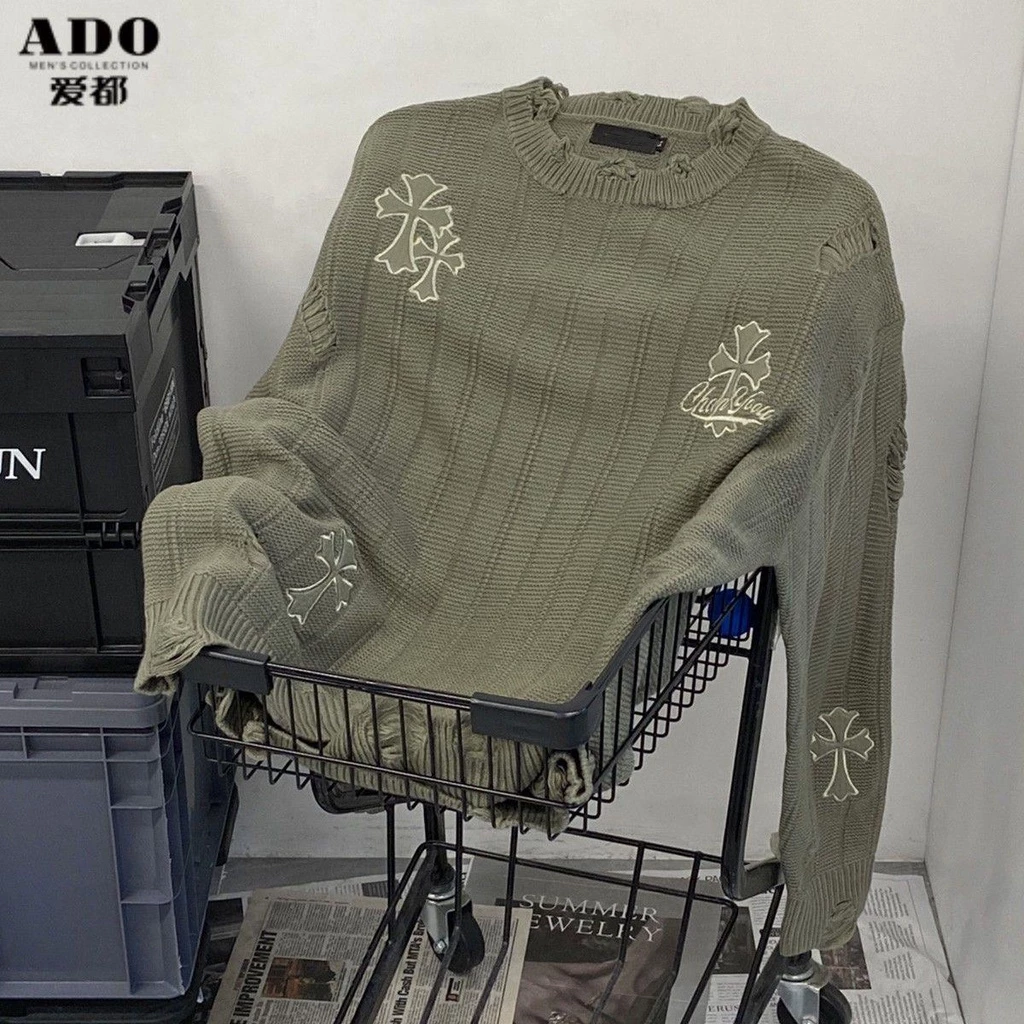 Ado Áo Sweater Dệt Kim Dáng Rộng Rách Chéo Kiểu Mỹ Đường Phố Thu Đông Cho Nam