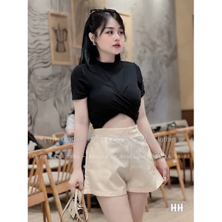 Áo Thun Croptop Cổ Tròn Ngắn Tay Phối Xoắn Trước Bụng TTVV0380