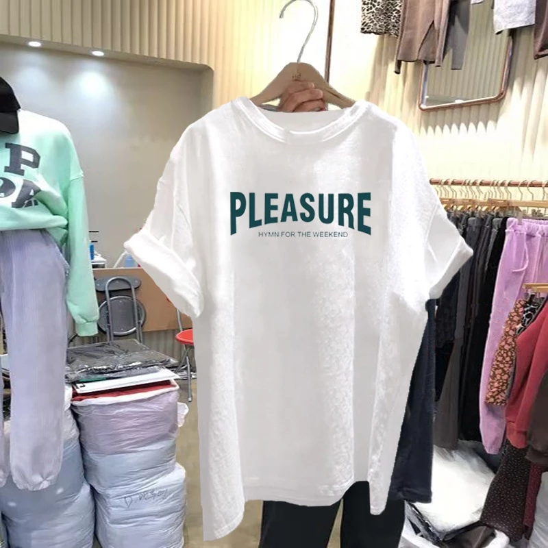 Áo Thun Tay Lỡ Nữ HappyFamily Form Rộng PLEASURE Chất Cotton 100 Cao Cấp-2 Màu Trắng/Đen